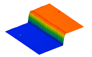 A picture of a step height taken using AFM where the orange section represents and area of high height and the blue section represents an area of low height